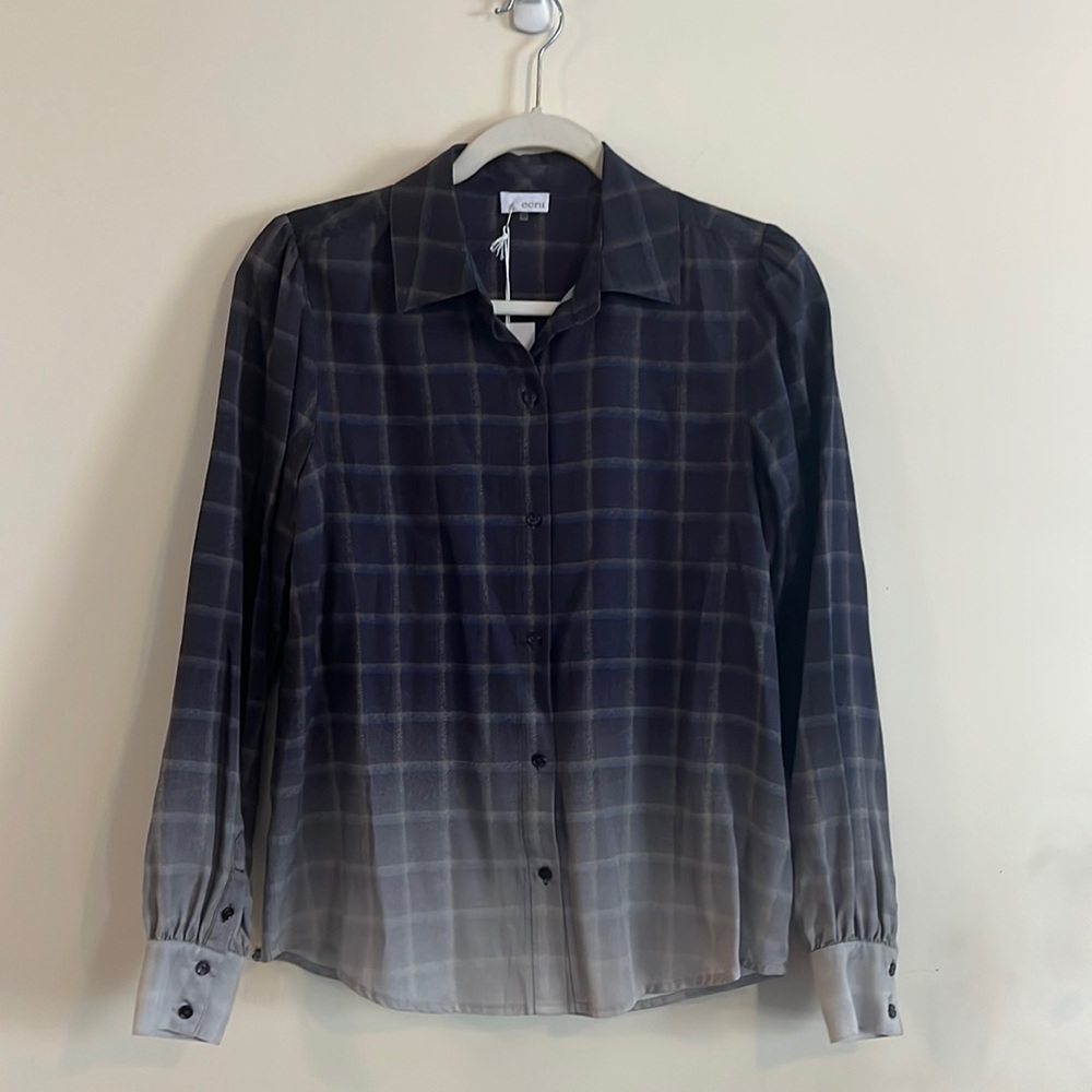 Ecru Macgraw Tencel Easy Shirt Xs Plaid Casual Autumn Feminine Indigo Ombr Nwt